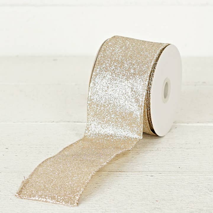 Holiday Depot Inc. - Wholesale Ribbon - Gift Wrapping - 57R0910 - 2.5inWx10Yard Wired Ribbon-Champagne Glitter w. Go1