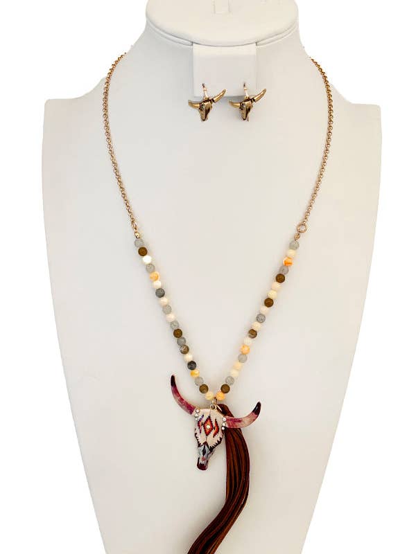Floral Bull Tassel Pendant Bead Long Necklace Set for wholesale by Andrea Bijoux