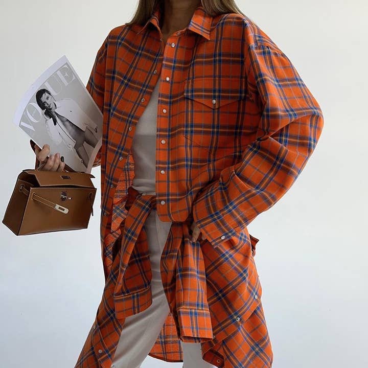 Orange plaid boyfriend Shirt Jacket overfit Shacket for wholesale on Faire3