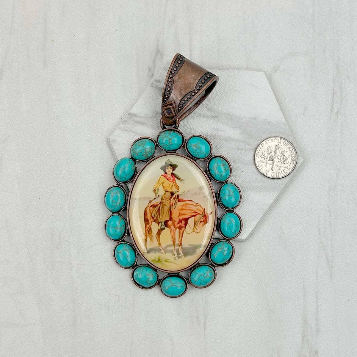 Western Elite Jewelry - Wholesale Individual Charm/Pendant - PD231210CP-33                 Copper metal with blue turquoise stone oval cowboy Pendent0