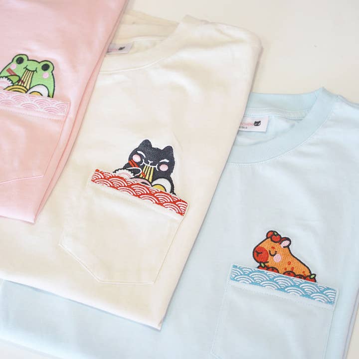 Jessthechen - Wholesale T-Shirt - Unisex - Bathing Capybara Embroidered Pocket Tee | Sky Blue5
