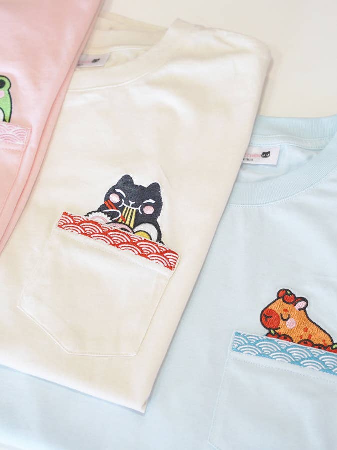 Jessthechen - Wholesale T-Shirt - Unisex - Frog Ramen Embroidered Pocket Tee | Blush Pink4