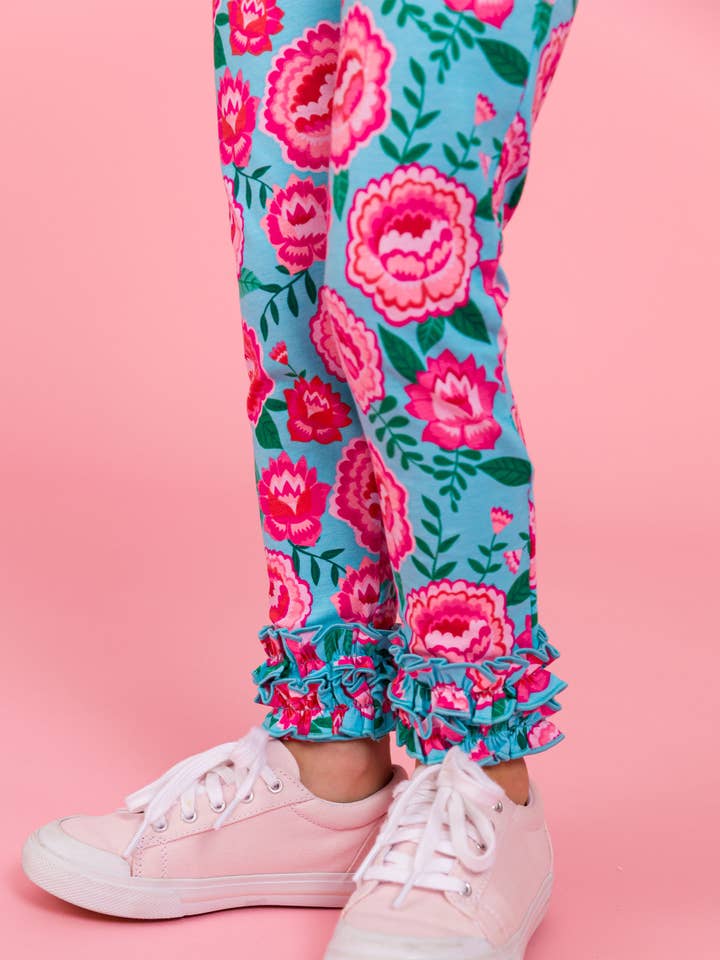 Azul Leggings Clássicas com Folhos Traseiros Assinatura para Meninas Pequenas com Flores Brilhantes para venda a revendedores na Faire1