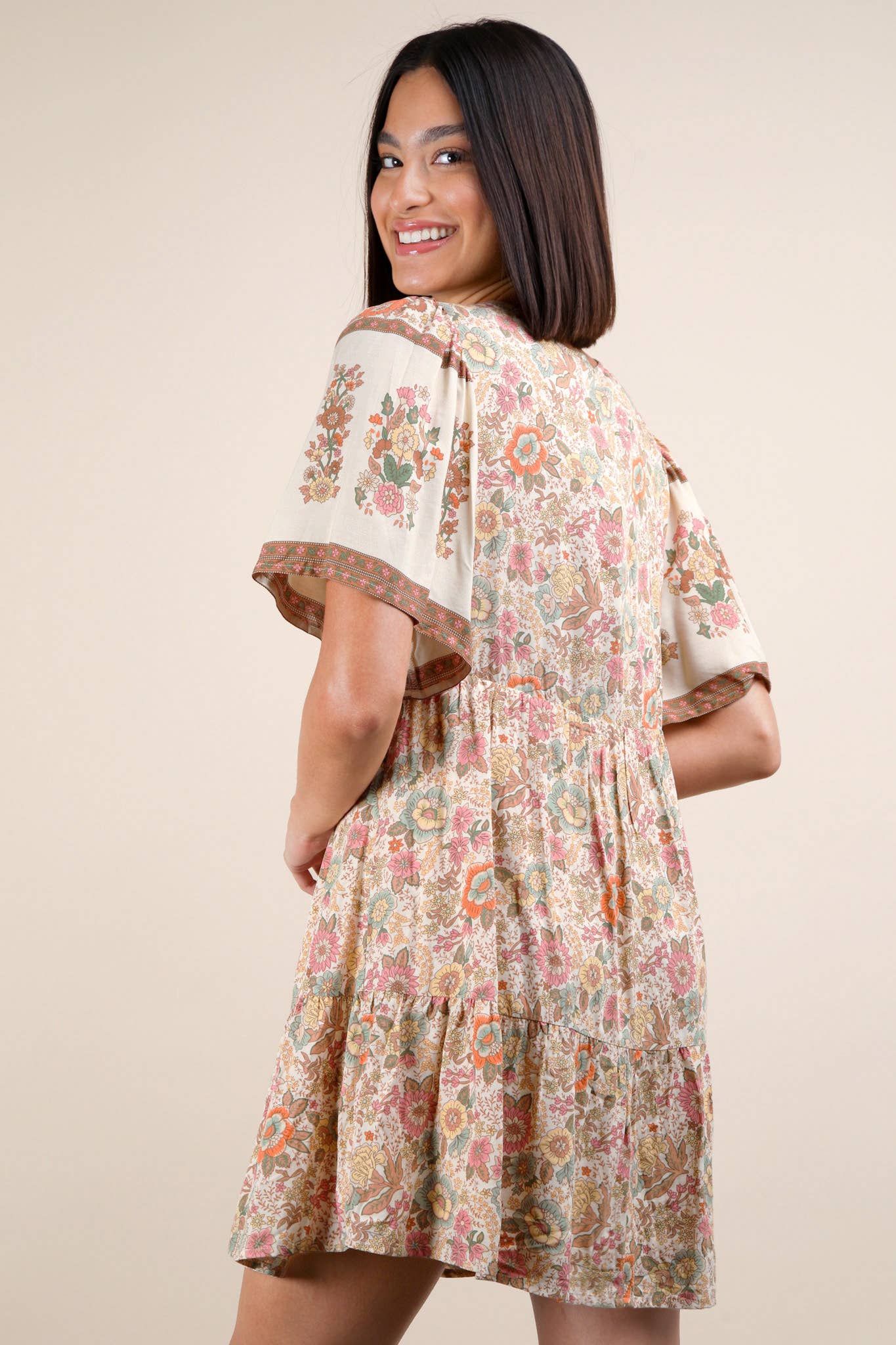 VERY J - Wholesale Dress - Women's - ND31637-Shirring Detail Printed Woven Mini Dress16