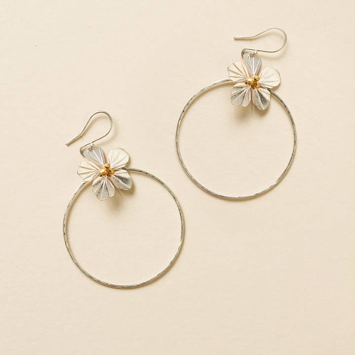 Matr Boomie Fair Trade - Wholesale Dangle Earrings - Sayuri Flower Silver Hoop Earrings