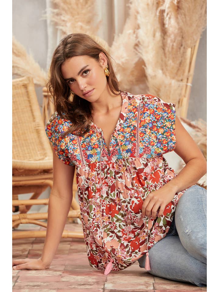 IVORY RUST Round Neck Printed Babydoll Top T12940-2 for wholesale on Faire