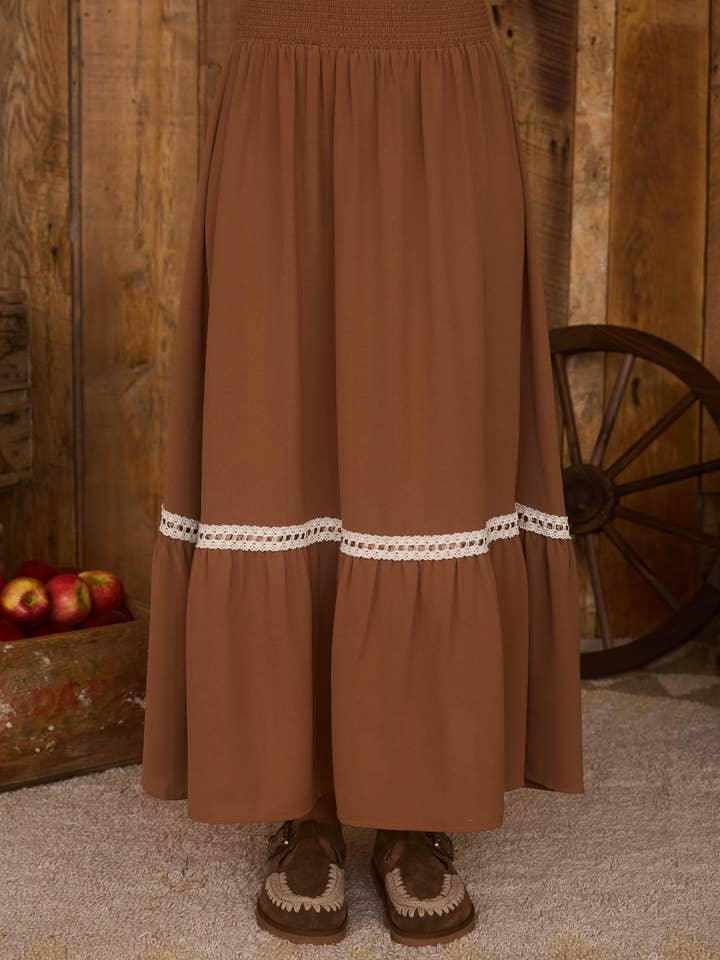 Blu Pepper - Wholesale Skirt - Women's - CONTRAST LACE TRIM SMOCKED WAIST MIDI SKIRT