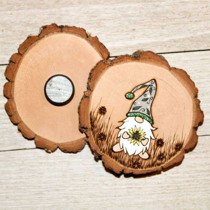 Sunflower Gnome Wood Slice Magnet for wholesale by Northern Dreams Design