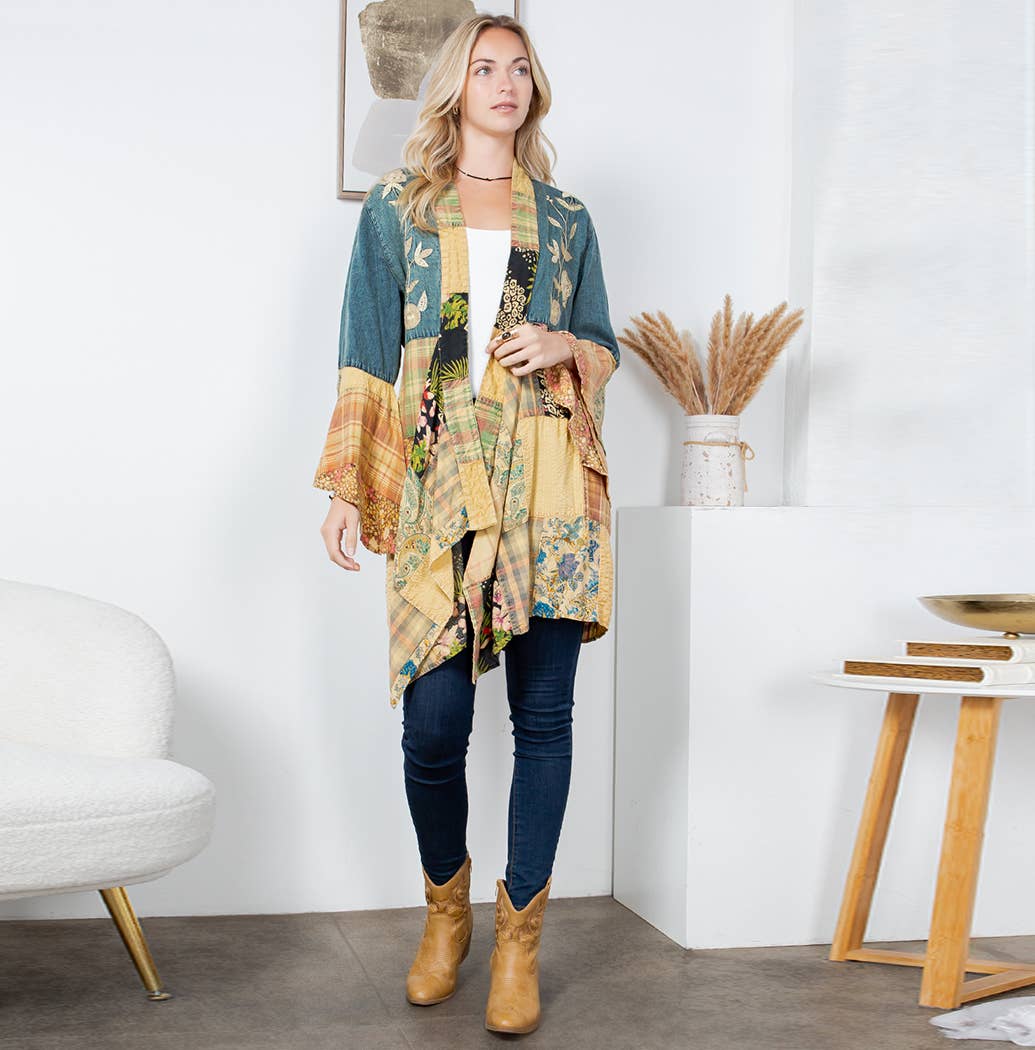 Young Threads – Großhandel Kimono – Damen – Westlicher Boho-Chic: Motivbestickter langer Jeans-Cardigan (NEU)4