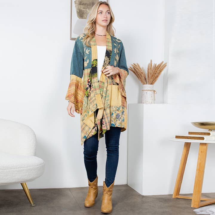 Young Threads - Wholesale Kimono - Women's - Western Boho Chic: Motif Embroidered Denim Long Shrug (NEW)4