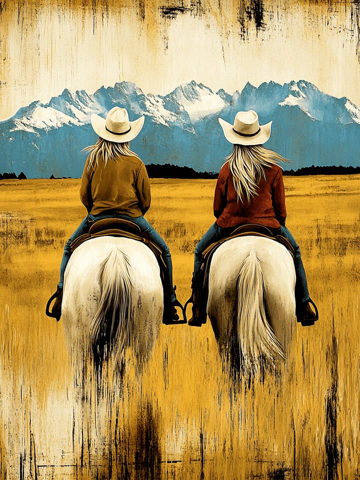 Vintage cowgirls rider på prärien - konsttryck från amerikanska västern för wholesale av Mowbi