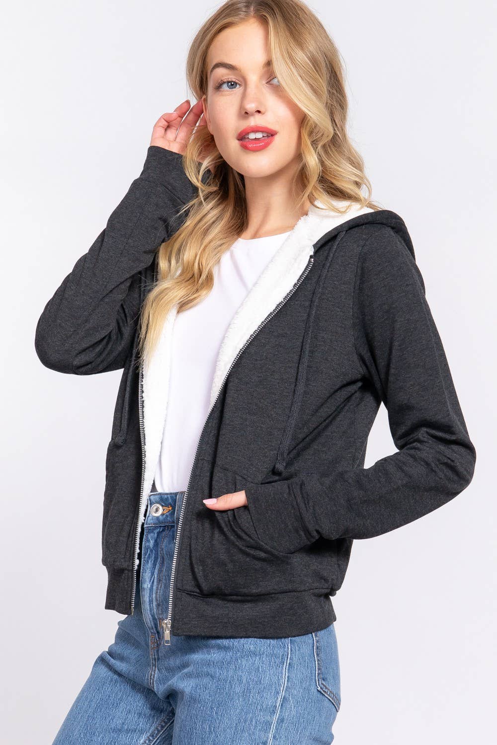 Active Basic | Active USA - Venta al por mayor Sudadera con capucha - Mujer - Chaqueta interior de felpa francesa con capucha y cremallera de piel sintética18