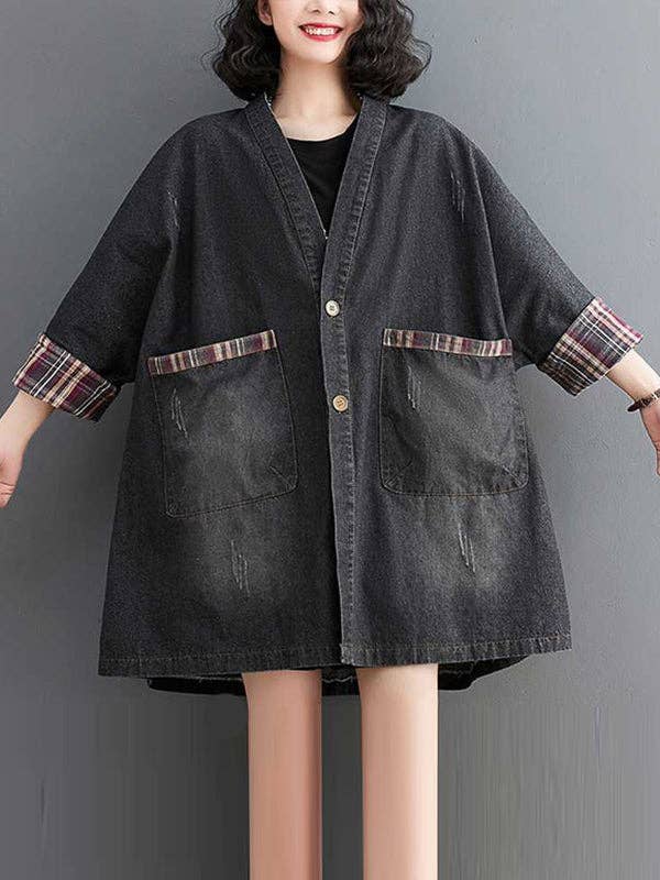 Sheer Trend – Großhandel Mantel - Damen – Langärmlige Mäntel mit lockeren Knöpfen und karierten Taschen und geteiltem V-Ausschnitt1