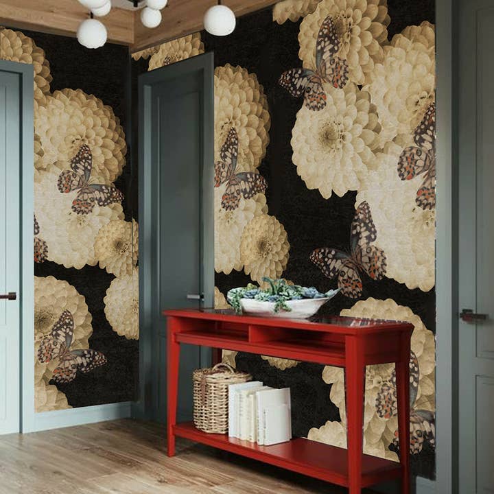 Daria Petrilli - Wholesale Wallpaper - WHITE DAHLIA AND BUTTERFLY BLACK SKY - WALLPAPER