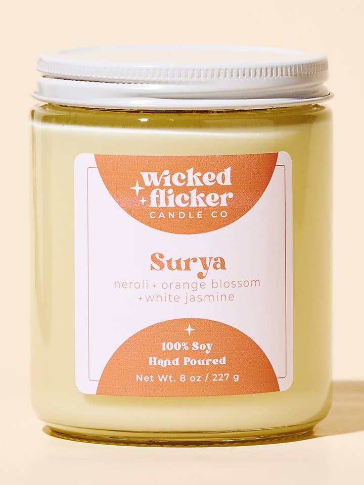 Surya 8oz Soy Candle for wholesale by Wicked Flicker Candle Co.