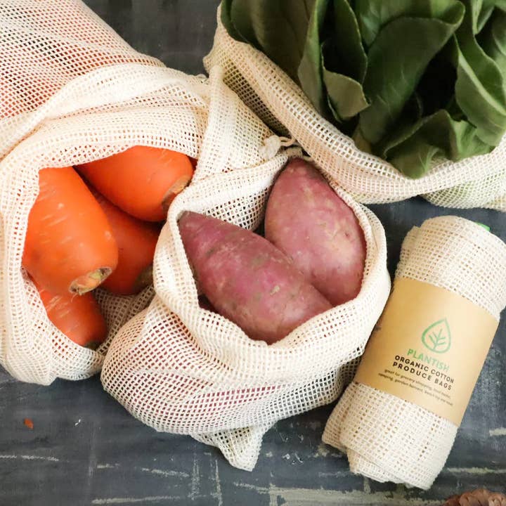 Plantish - Vente Sacs de course/à provisions - Ensemble de 4 sacs à fruits et légumes en maille de coton biologique1