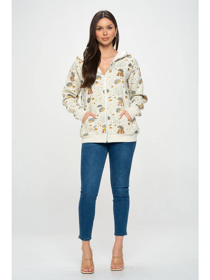 SM WARDROBE – Engroshandel Hoodie – Kvinder – PINDSVIN CHAMPIGNON PRINT HÆTTETRØJE MED LYNLÅS2