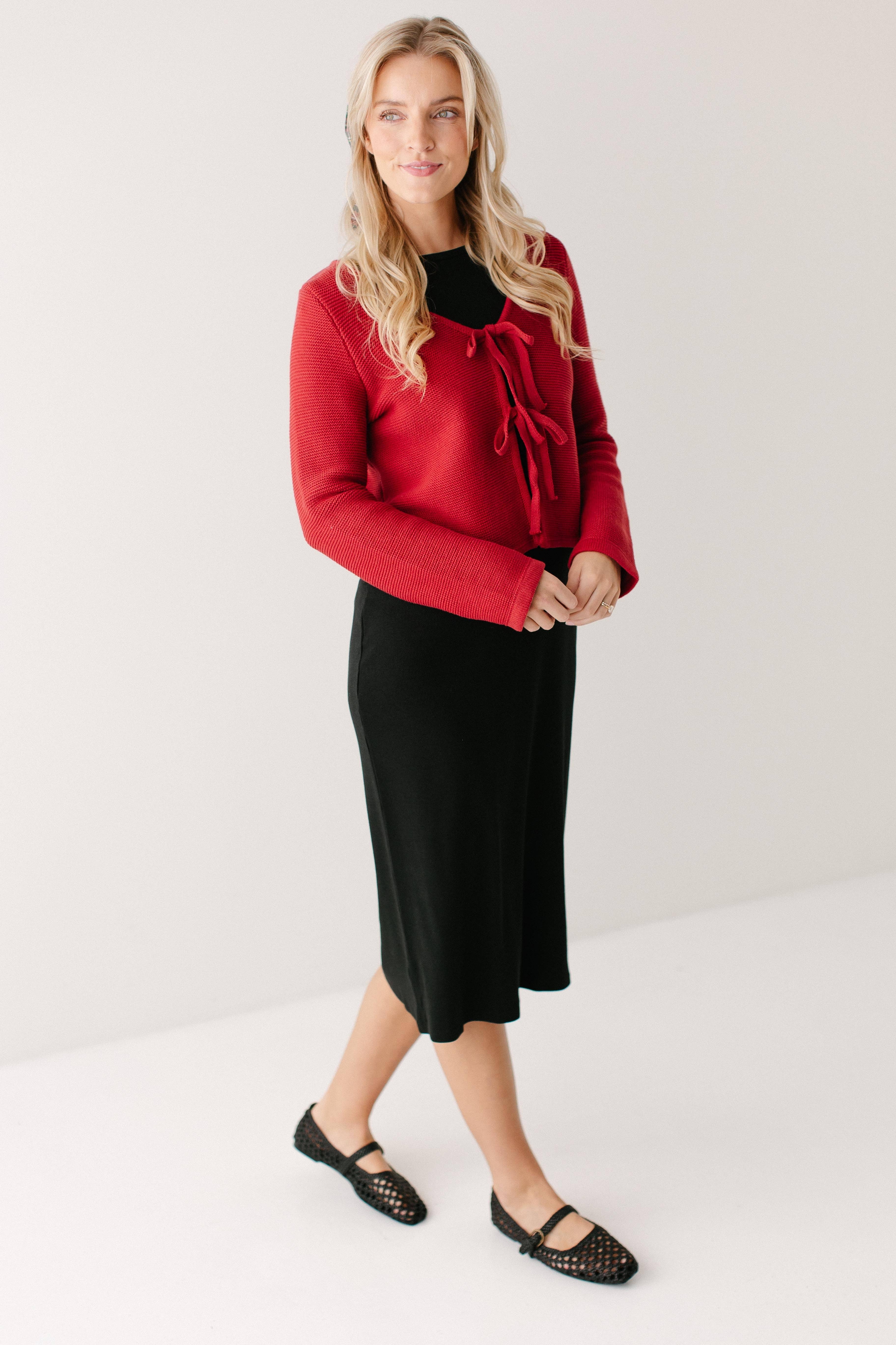 Black 'Constance' Bamboo Blend Ribbed Long Sleeve Midi Dress for wholesale on Faire8