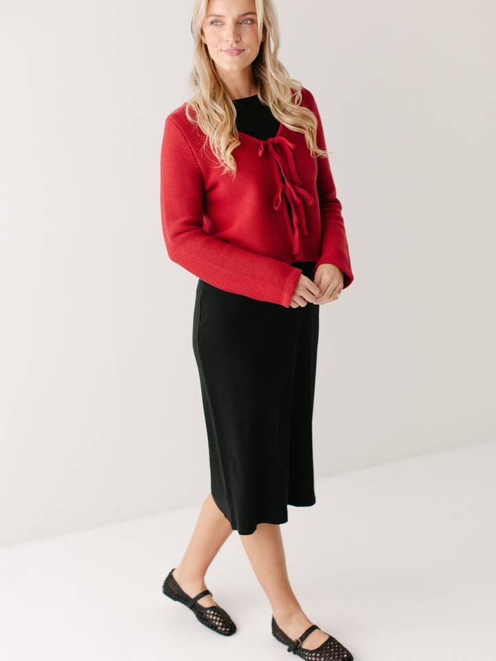 Black 'Constance' Bamboo Blend Ribbed Long Sleeve Midi Dress for wholesale on Faire8