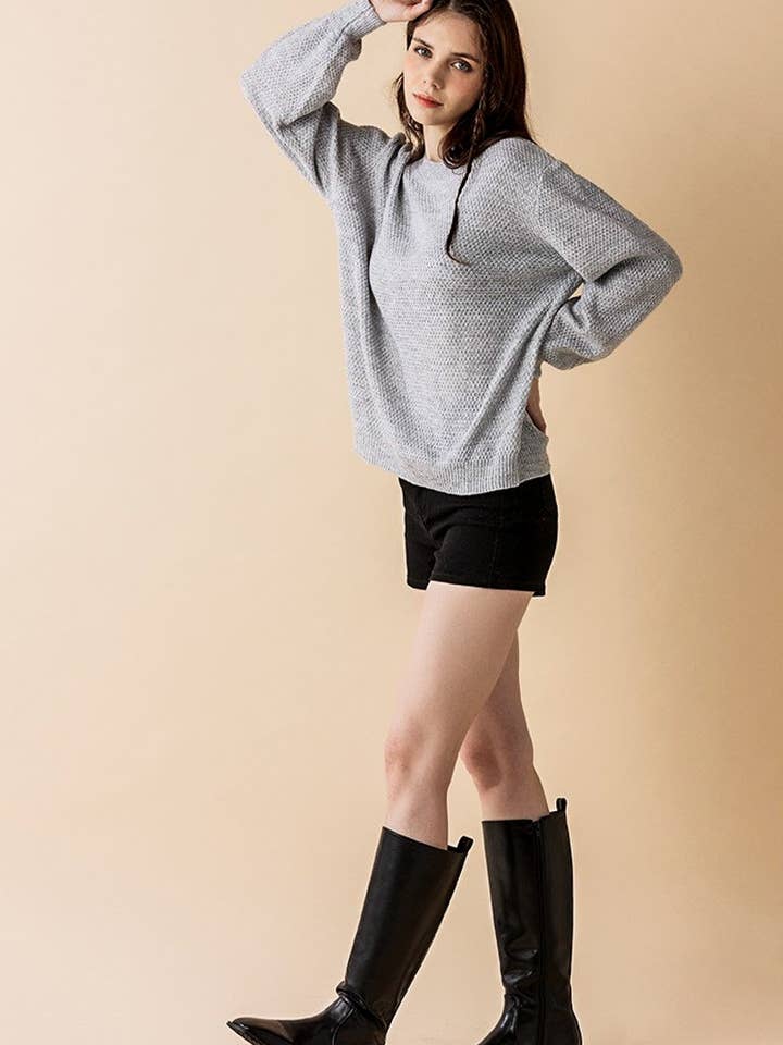 noflik - Wholesale Knit Sweater - Women's - Plus Round Neck Balloon Sleeve Heather Sweater - INT1029P_5