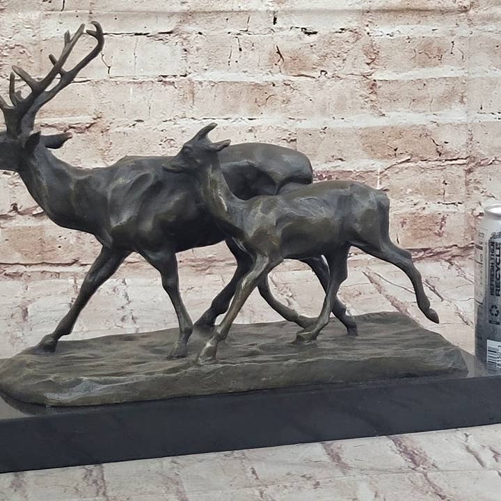 Bronzhaus - Wholesale Sculpture - Deer Buck Elk and Doe Fawn Caribou Reindeer Bronze Statue Sculpture Marble Base 11" x 13"1