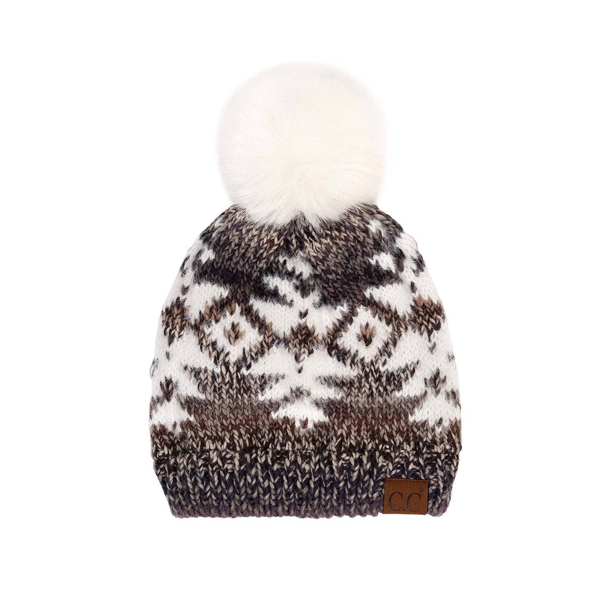 Truly Contagious - Wholesale Beanie - Women's - CC Beanie Wholesale Multi Yarn Aztec Beanie Hat with Ivory Faux Fur - HAT-2093 - Contagious Wholesale1