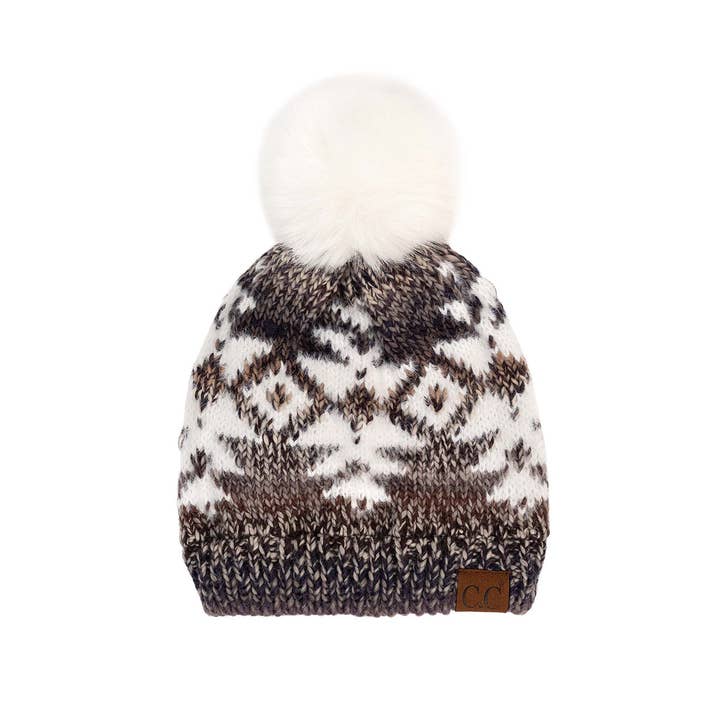 Truly Contagious - Wholesale Beanie - Women's - CC Beanie Wholesale Multi Yarn Aztec Beanie Hat with Ivory Faux Fur - HAT-2093 - Contagious Wholesale1