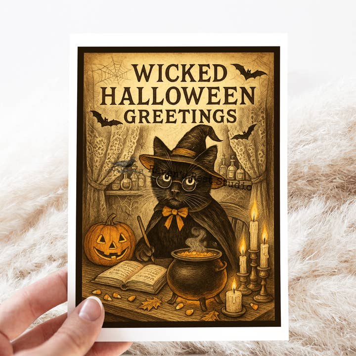 Halloween Card. Vintage Postcard Style. CAT. Wicked Greeting for wholesale by Cheerful Whimsies
