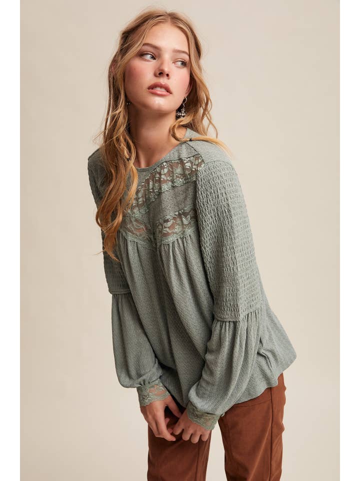 Sage Lace Yoke Textured Knit Blouse LT0978 for wholesale on Faire7