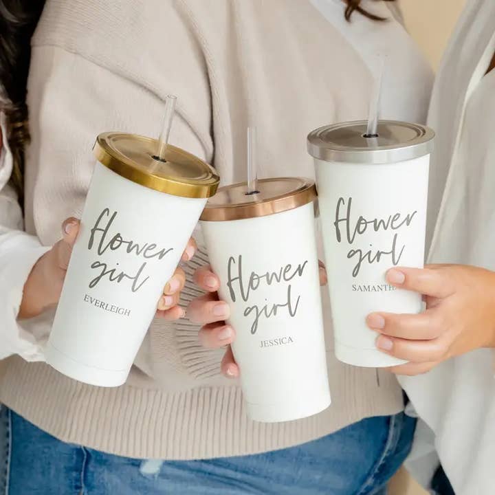Weddingstar Inc. - Wholesale Insulated Mug/Tumbler - White Metal Drink Tumbler W/ Metallic Lid - Flower Girl