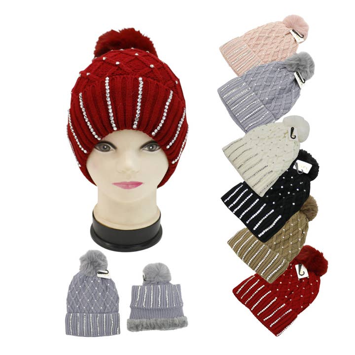 ASSORTED Pom Pom Knitted Beanie With Rhinestone HA4727-8 (12PC) for wholesale on Faire28