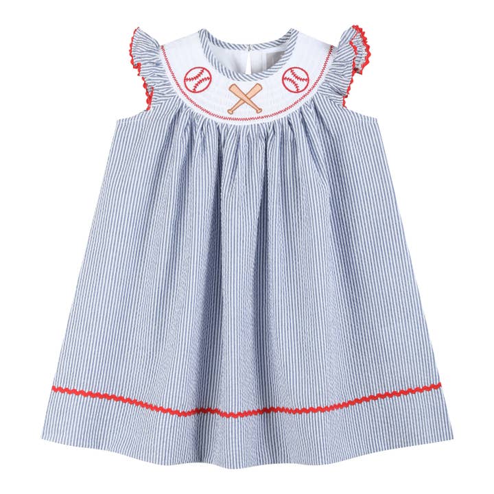 Blue Seersucker Baseball Smocked Bishop Dress for wholesale by Lil Cactus