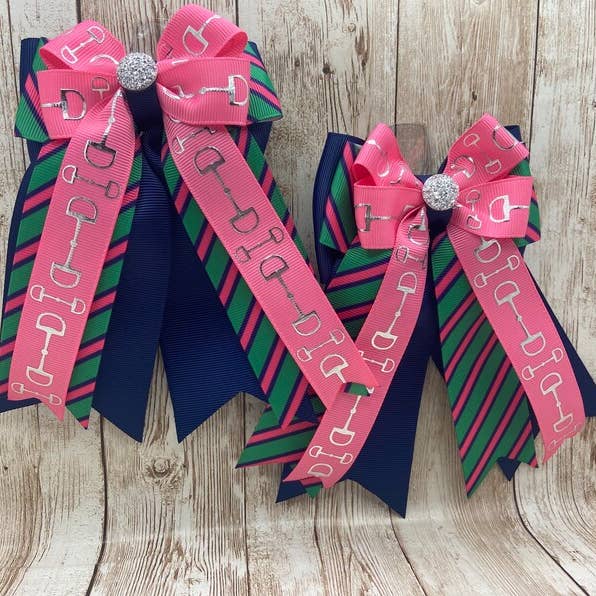Horse Show Bows - Hot Pink Bits on Preppy Green Stripe &Navy for wholesale by Benny Bows