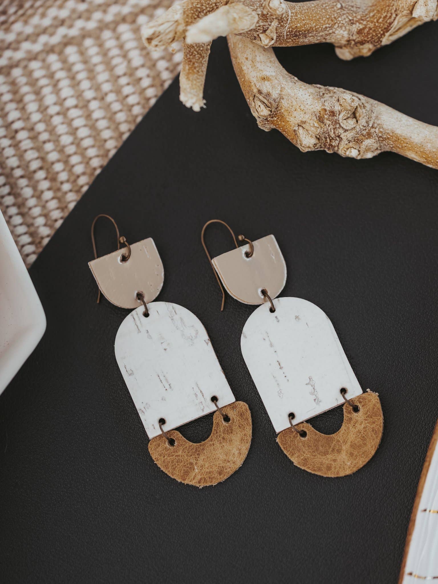 Anabelle+Oak - Wholesale Dangle Earrings - Neutral Geometric Drops | handmade leather cork earrings3