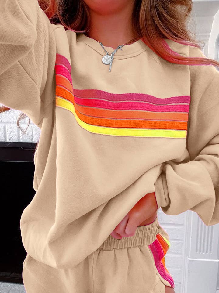 Suhkasana - Wholesale Lounge set – Women's - Striped Accent Pullover and Shorts Two Piece Casual Set0