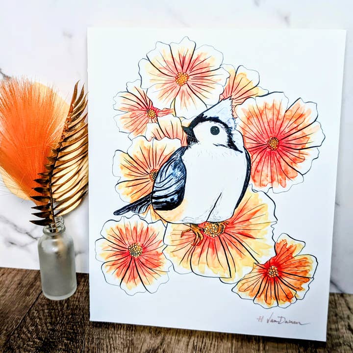 Tufted Titmouse and Orange Cosmos Art Print on Wood Block for wholesale by Birds & Blossoms