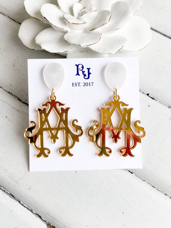 Gold Heirloom Monogram Earrings for wholesale by Remnant Jewelry