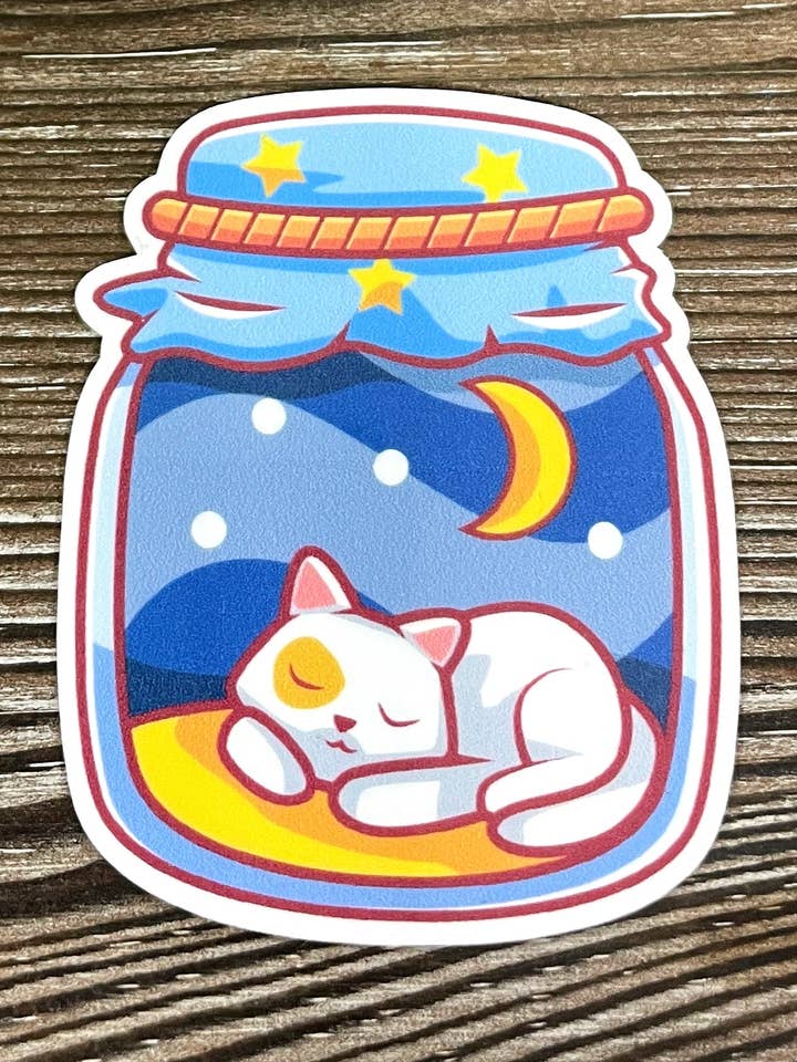 Sleeping Cat in a Mason Jar, Die Cut Vinyl Sticker, Boho Fun, Water Resistant, Night Sky Moon for wholesale by Handmade by Marlayna