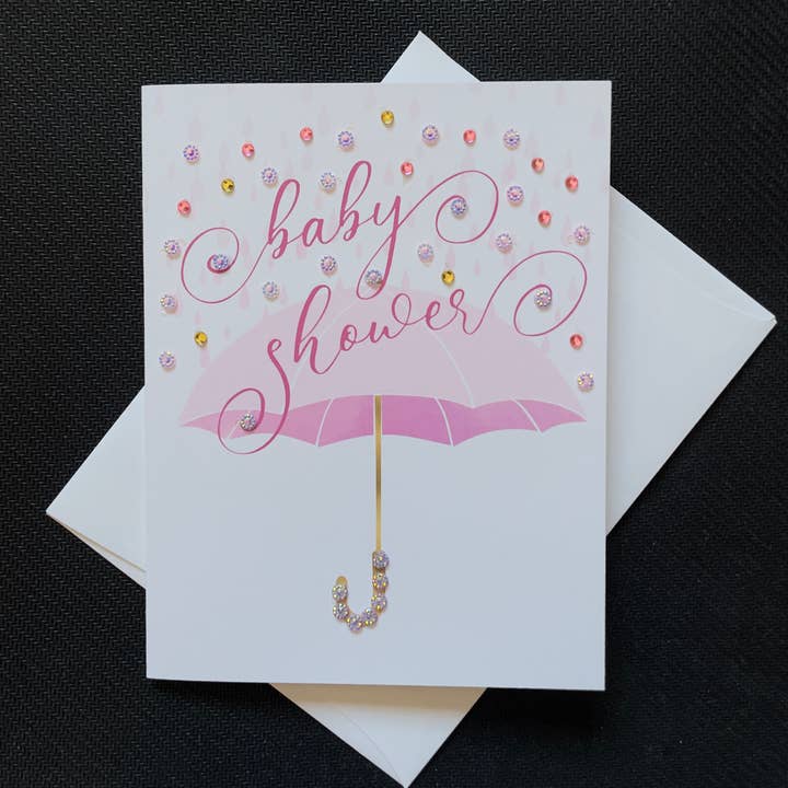 Roze wenskaart voor babyshower paraplu voor wholesale door Russell Jeffery Design by Off By Heart Design