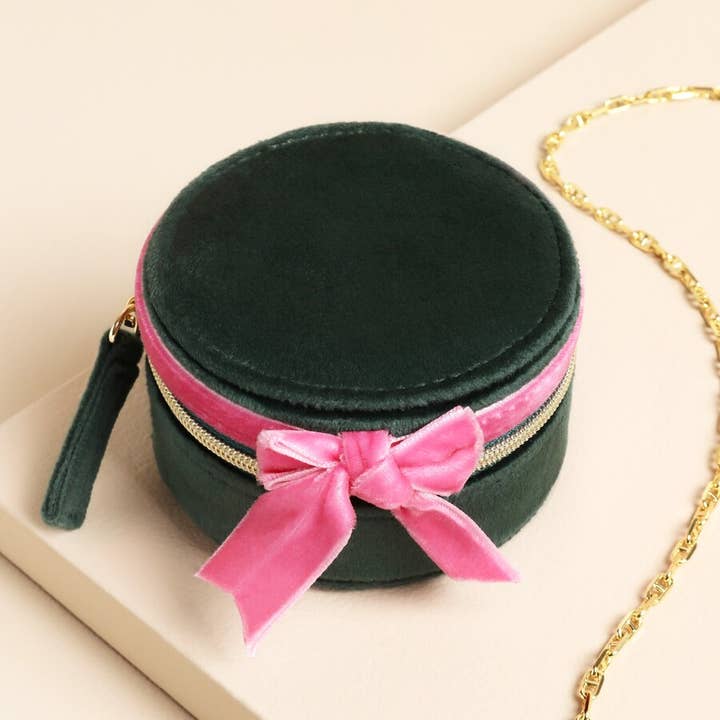 Green and Pink Velvet Bow Mini Round Jewellery Case for wholesale by Lisa Angel