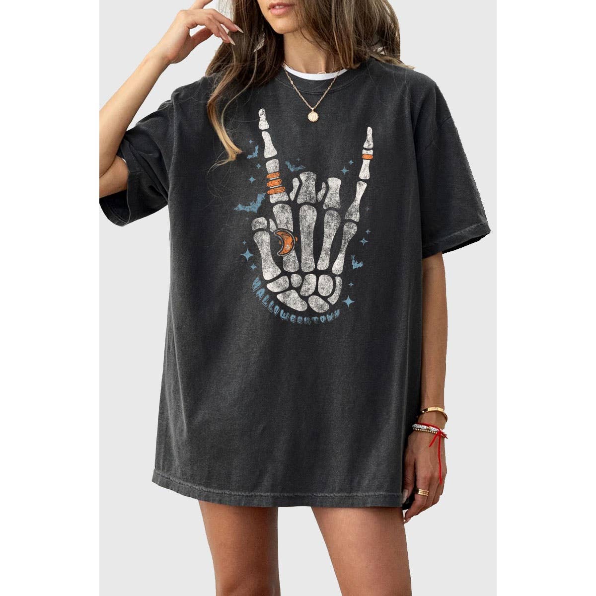 HRTandLUV - Wholesale Screen Printed T-Shirt - Women's - SKELETON HAND OVERSIZED MINERAL GRAPHIC TEE0