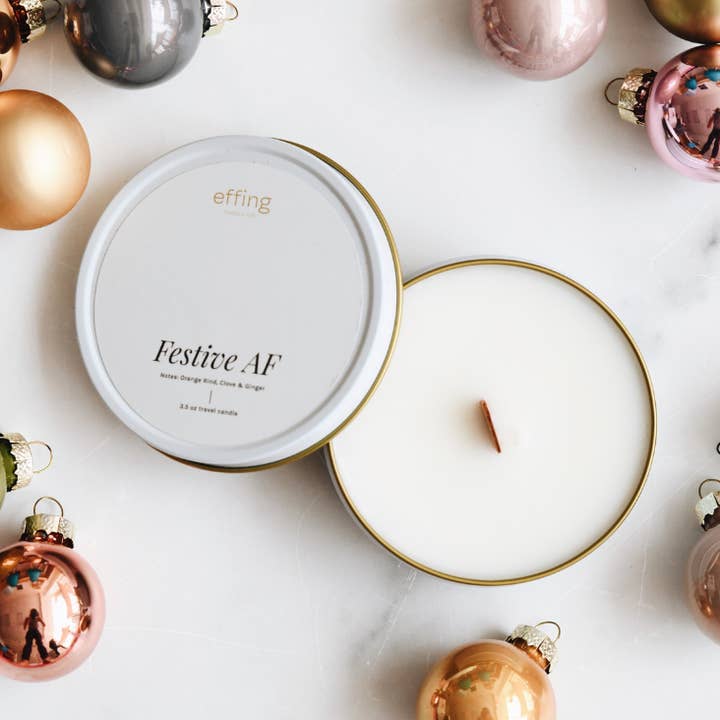 Festive AF | Stocking Stuffer Travel Candle for wholesale by Effing Candle Co.