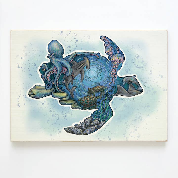 11x16 Wood Plank Art- Turtle Collage for wholesale by Map Mom