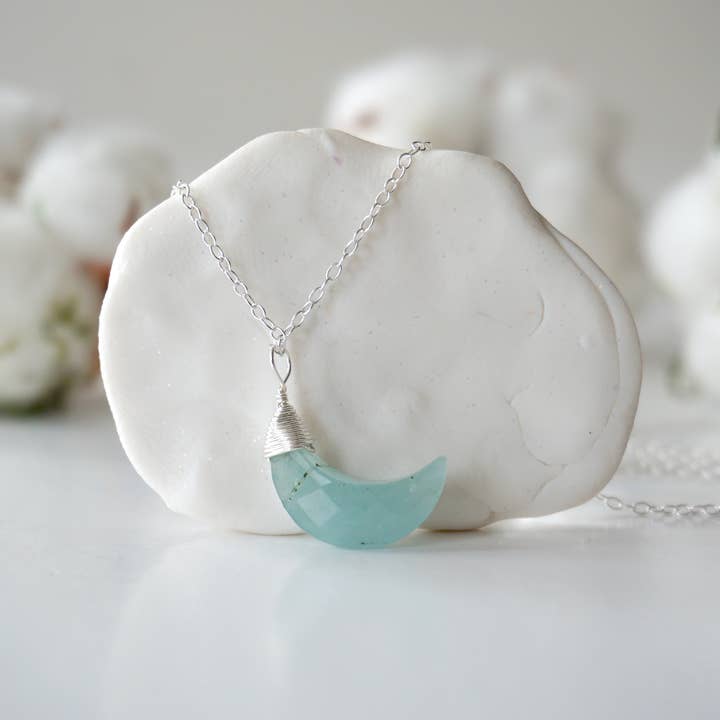 Blue Aquamarine Moon Necklace, March Crystal, Valentine Gift for wholesale by Raw Stone Elegance