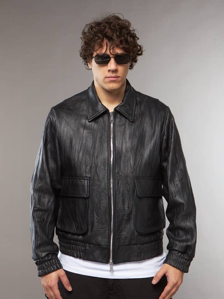 BOMBER COLLAR SHIRT WITH WASHED LEATHER EFFECT for wholesale by LAB22