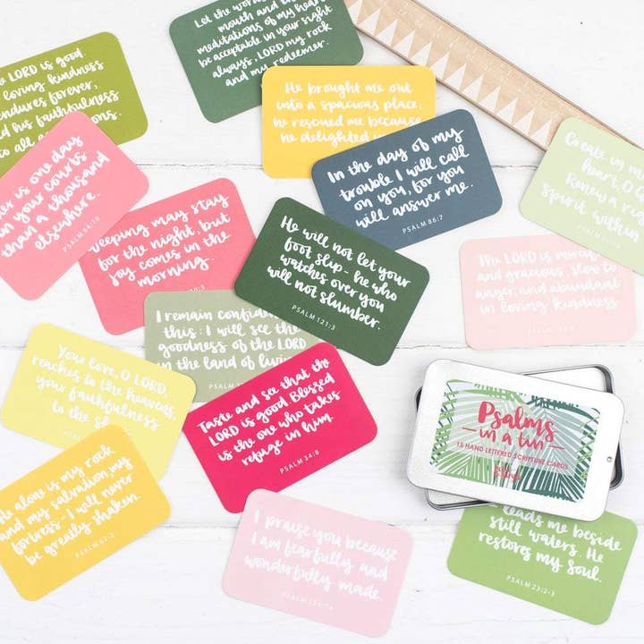 Psalms in a Tin - 15 hand lettered scripture cards for wholesale by Hope and Ginger