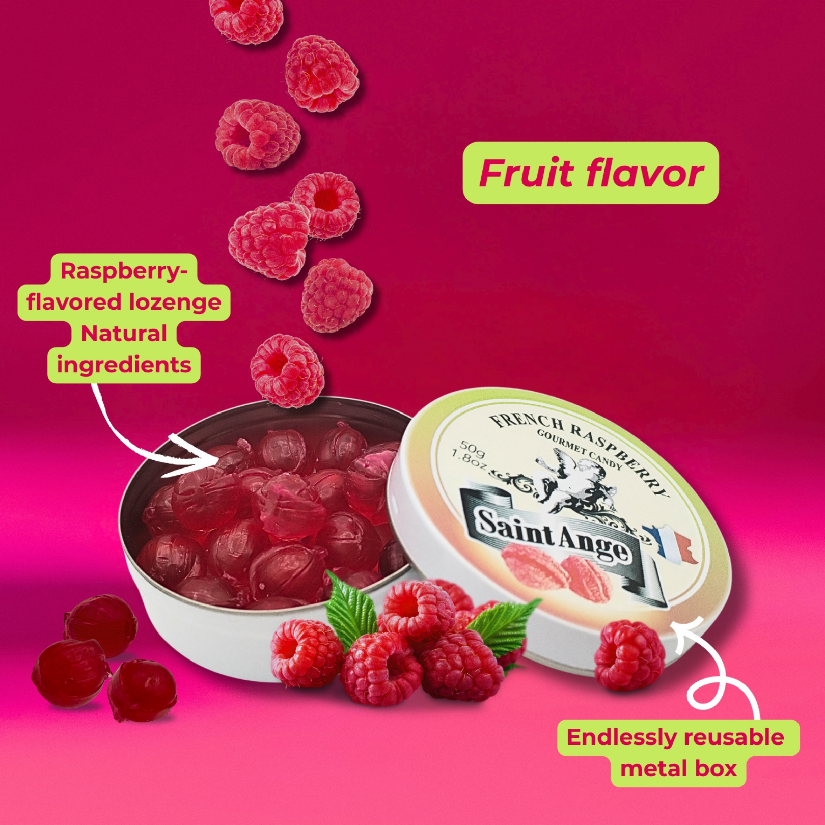 Bonbon USA France - Wholesale Hard Candy - Saint Ange Raspberry - French Gourmet Natural Candy Tin4