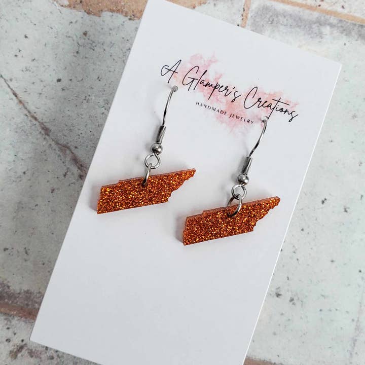 Orange Glitter Tennessee akryl State øreringe for engroshandel hos A Glamper's Creations LLC
