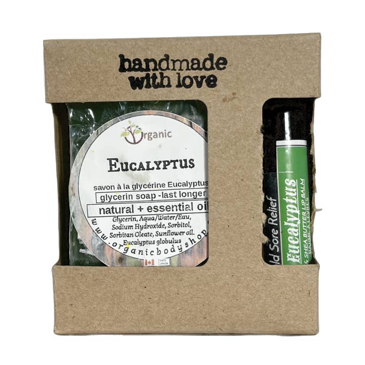 Beeswax Lip Balm + Glycerin soap bar. Eucalyptus Gift for wholesale by Organic Body Shop