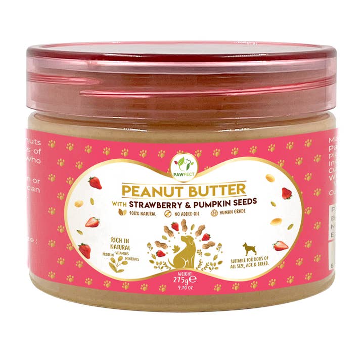Pawfect Peanut Butter with Strawberry & Pumpkin Seeds for Dogs & Puppies | 100% Natural| No Added Sugar, Salt, Palm Oil | No Sweeteners, No Xylitol | Healthy Dog Treat (275g/9.70oz) for wholesale by Pawfect Pet Foods Pvt Ltd - USA